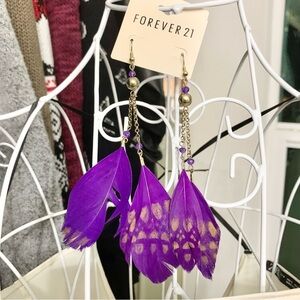 Purple Feather Earrings with Gold Stamps
